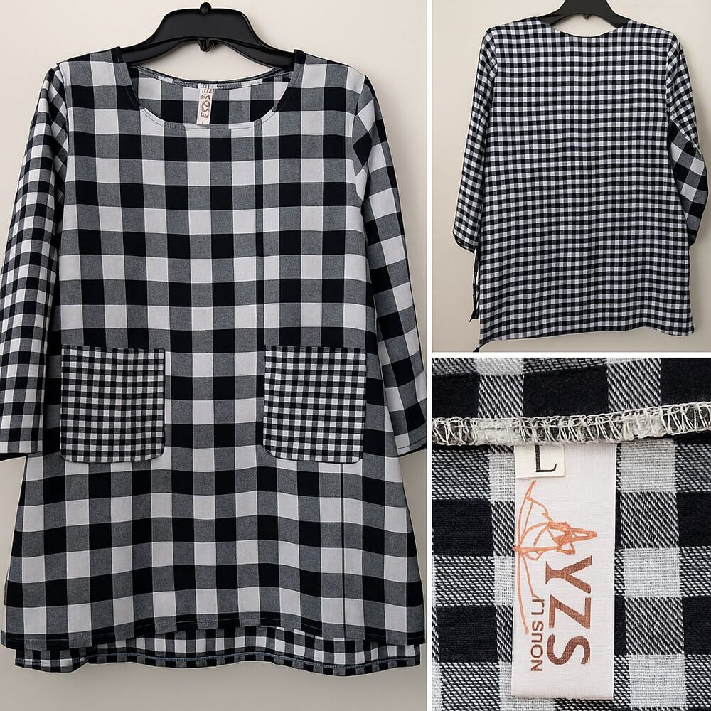 YZS‎ Fashion Tunic Top Women Large Black White Gingham/Buffalo Plaid BohoChic